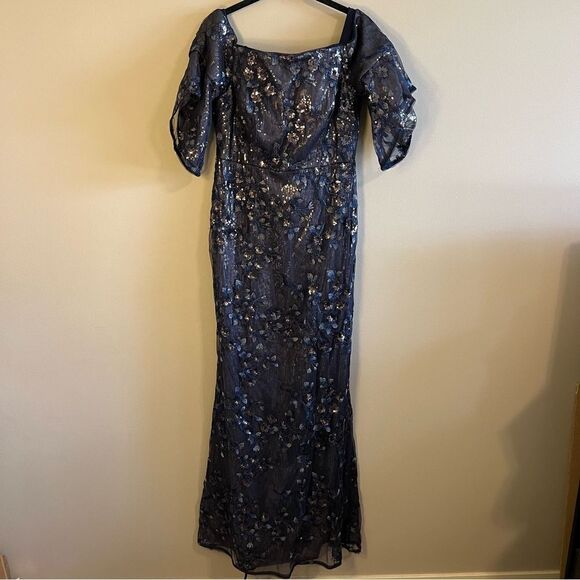 Aidan Mattox Blue Sequin Off the Shoulder Dress Gown Long 6 - Picture 2 of 15